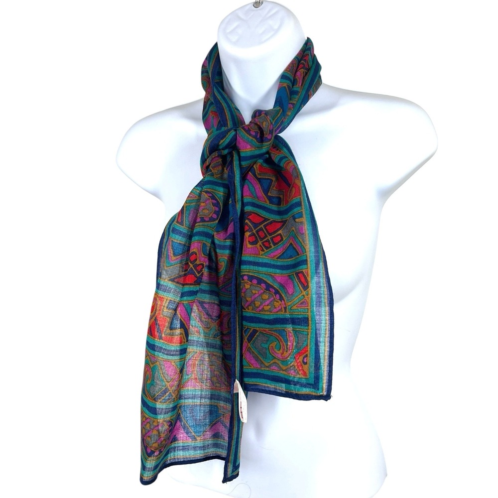 Vintage ACUTE Wool Rectangular Scarf 53"x11" Lightweight Knit Colorful Print